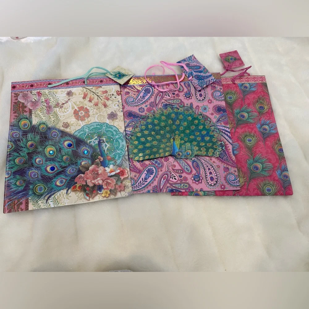 Colorful Peacock Gift Bags Set of 3 x 3 - 9 Bags Total - NWT